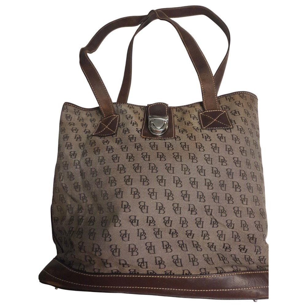 Dooney & Bourke Signature Monogram Canvas Tote Brown Leather Trim Vintage Y2K - Picture 1 of 8